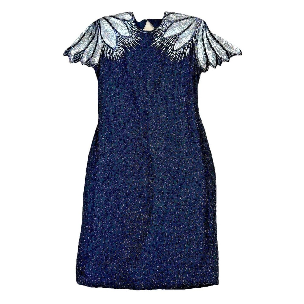 Naeem Khan Riazee Vintage Beaded Silk Dress Avant Garde Shoulder Sequin Black M